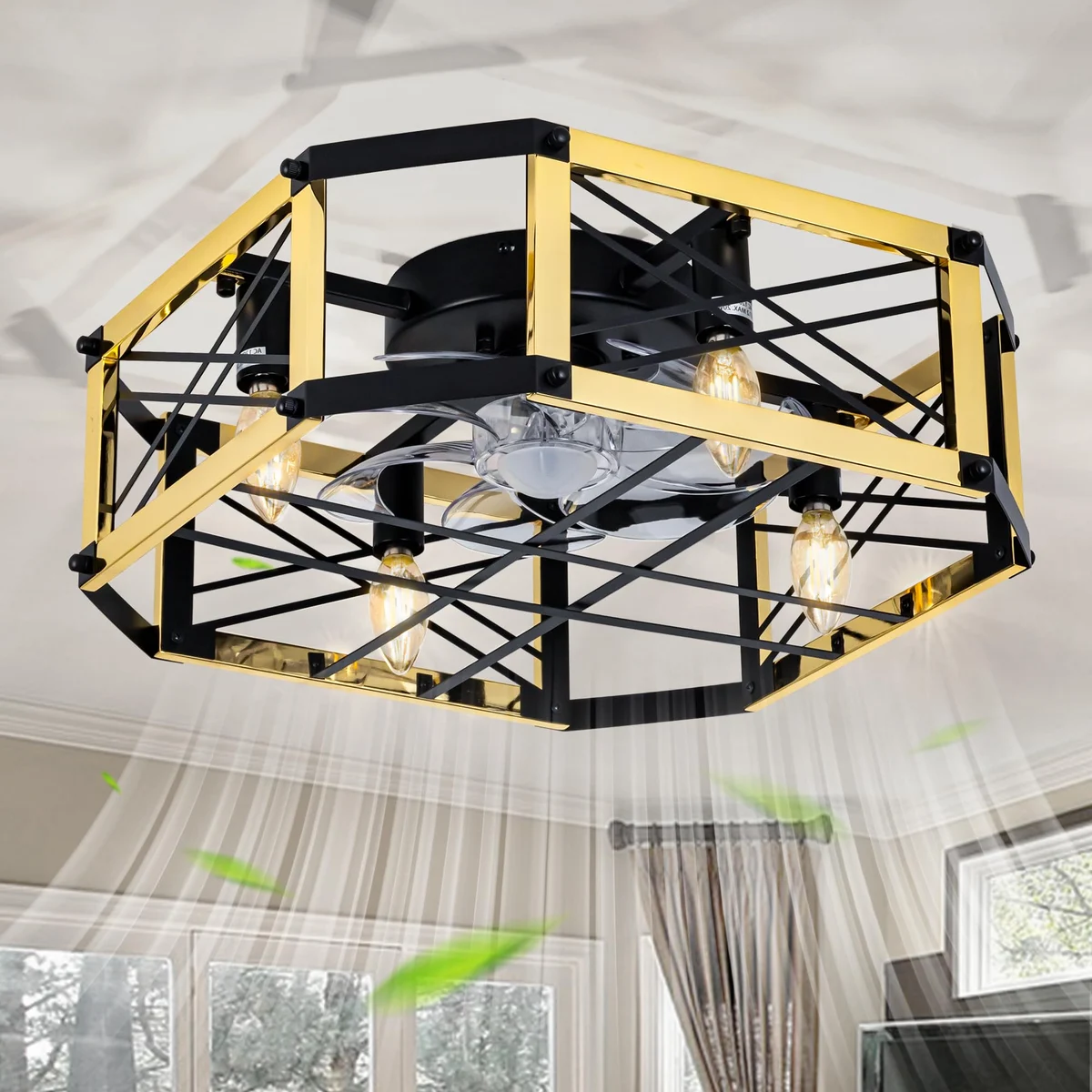 F232 Geometric Caged Fan Light, 21" · Black & Gold