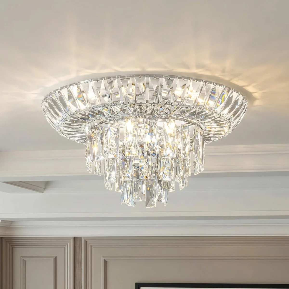 Linher A255 tiered crystal ceiling light in a chrome finish
